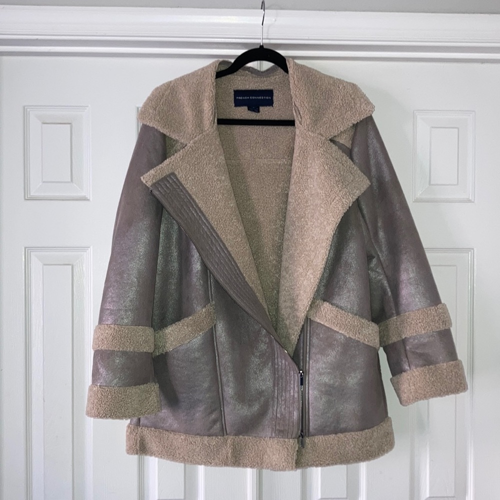 French Connection Zelda Faux Shearling Silver Metallic Coat